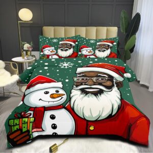 CCoutueChen Black Santa Claus Comforter Set Queen Size,Cute Cartoon Snowman Bedding Set for Kids Children,Green Christmas Holiday Decor Comforter,3Pcs Soft Warm Bed Set with 2 Pillowcases(90 * 90)