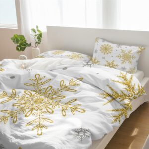 California King Size Duvet Cover Set,Gold White Christmas Snowflake Texture 3 Pieces Soft Bedding Sets,1 Quilt Cover+2 Decorative Pillow Shams for Bedroom All Season,Simple Winter Snow Scene Bed Set