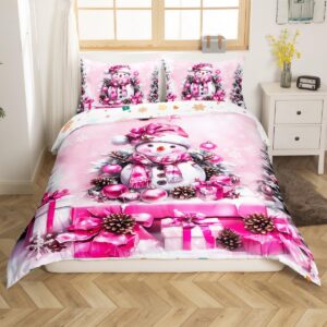 feelyou merry christmas tree and snowman bedding set full size xmas pink duvet cover girls bedroom decor snowflake comforter cover set women men bow bedspread cover with 2 pillow case,no comforter