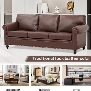 Brown Leather Couch, Comfy Classic 3 Seater Living Room Sofa，Mid-Century Modern Sofa with Detachable Cushions 84" for Living Rooms, Bedrooms, Offices,Apartments Tool-Free Assembly(Brown PU + Sofa)