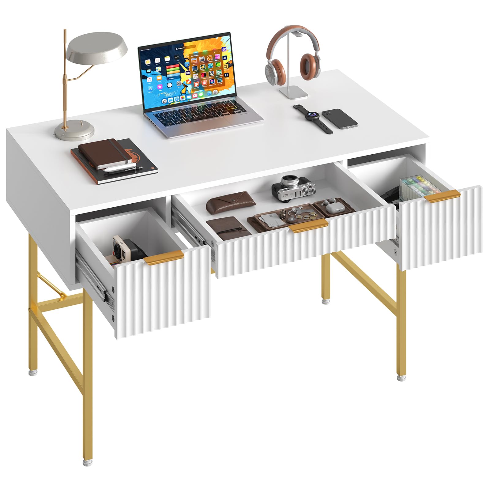 Bestier 47.6 Inch Fluted Computer Writing Desk with Drawers for Home Office, White and Gold Vanity Desk, Modern Simple Makeup Desk for Bedroom