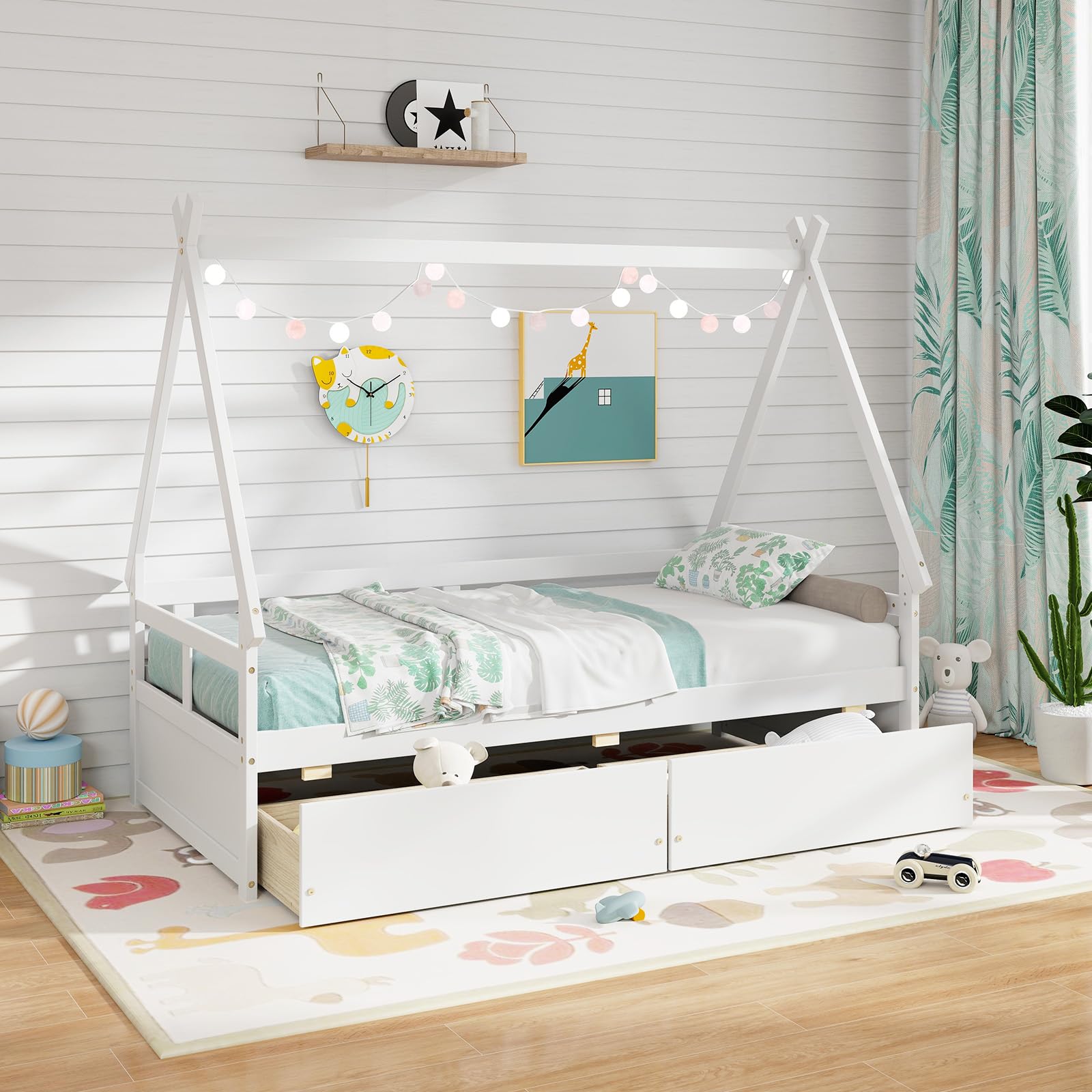 Giantex Twin Bed with 2 Storage Drawers, Wood Montessori House Tent Bed Frame with Safety Guardrail, Low Teepee Bed with Wood Slat Support for Boys Girls Teens, No Box Spring Needed, Kids Bed (White)