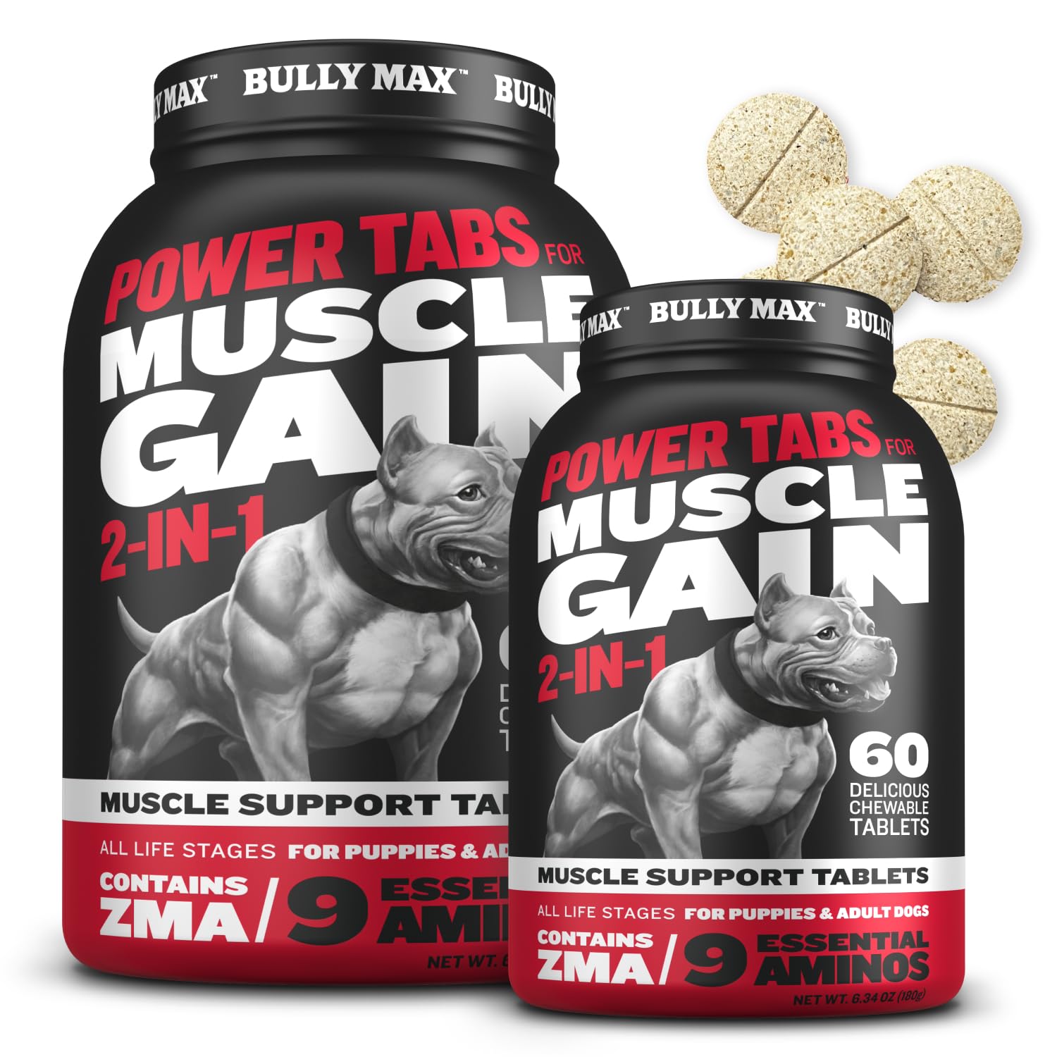 Bully Max 2-in-1 Muscle Builder Chewable Tablets for Puppies & Adult Dogs - Ultimate Canine Dog Supplement for Muscle Gain - 60 Tabs (2 Bottles)