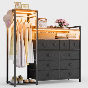 hpwlyo 10 drawers led dresser for bedroom, black fabric dresser with clothes rack, tall storage chest of drawers, dressers & chests of drawers, wooden top, bedroom, closet