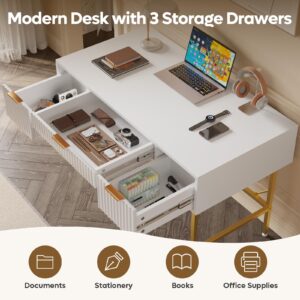 Bestier 47.6 Inch Fluted Computer Writing Desk with Drawers for Home Office, White and Gold Vanity Desk, Modern Simple Makeup Desk for Bedroom