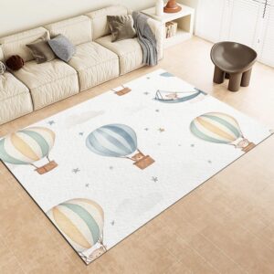 cartoon hot air balloon area rug for living room, bedroom rugs 7x8 ft white washable carpet, soft fluffy rug non skid home office decor large carpet