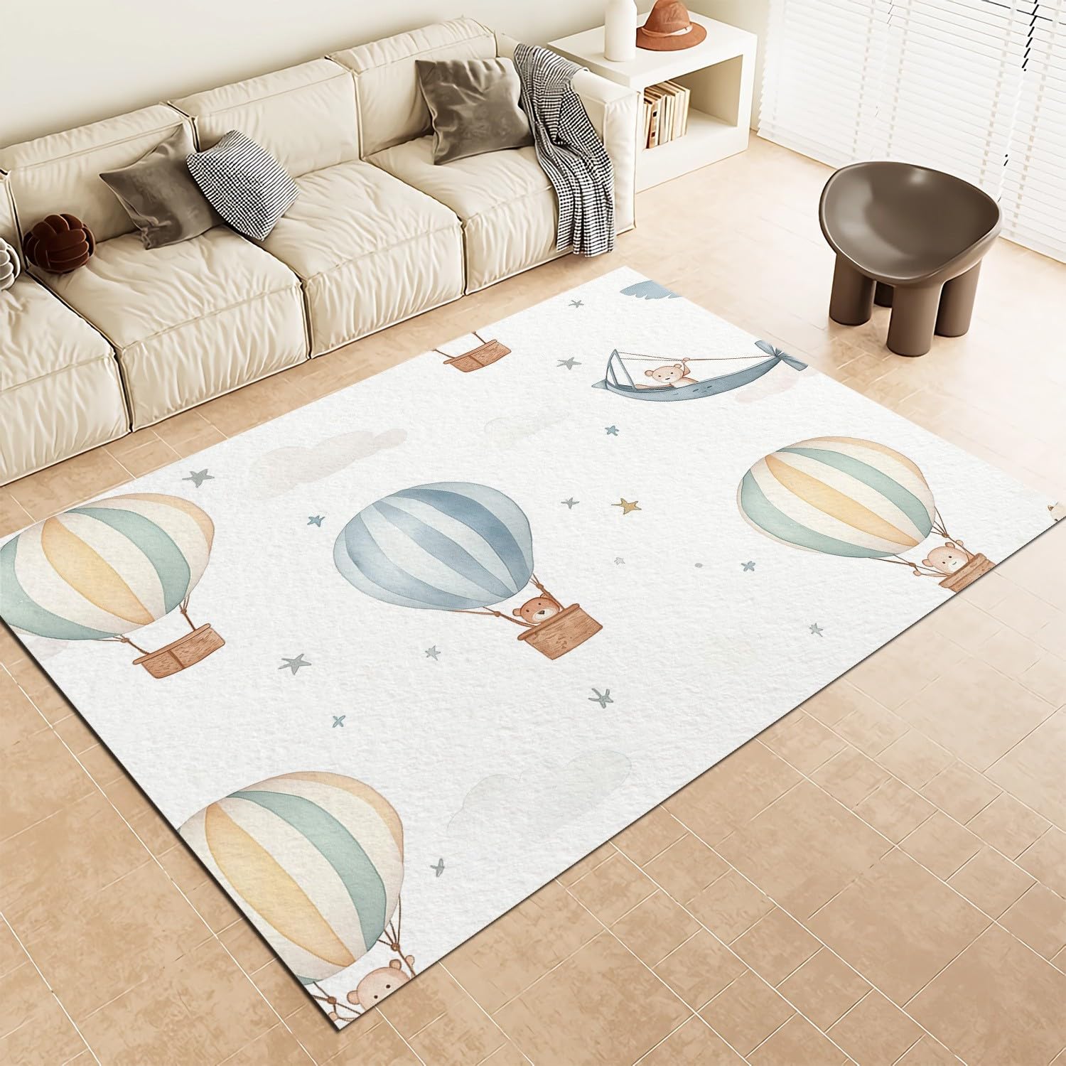 Cartoon Hot Air Balloon Area Rug for Living Room, Bedroom Rugs 7x8 ft White Washable Carpet, Soft Fluffy Rug Non Skid Home Office Decor Large Carpet