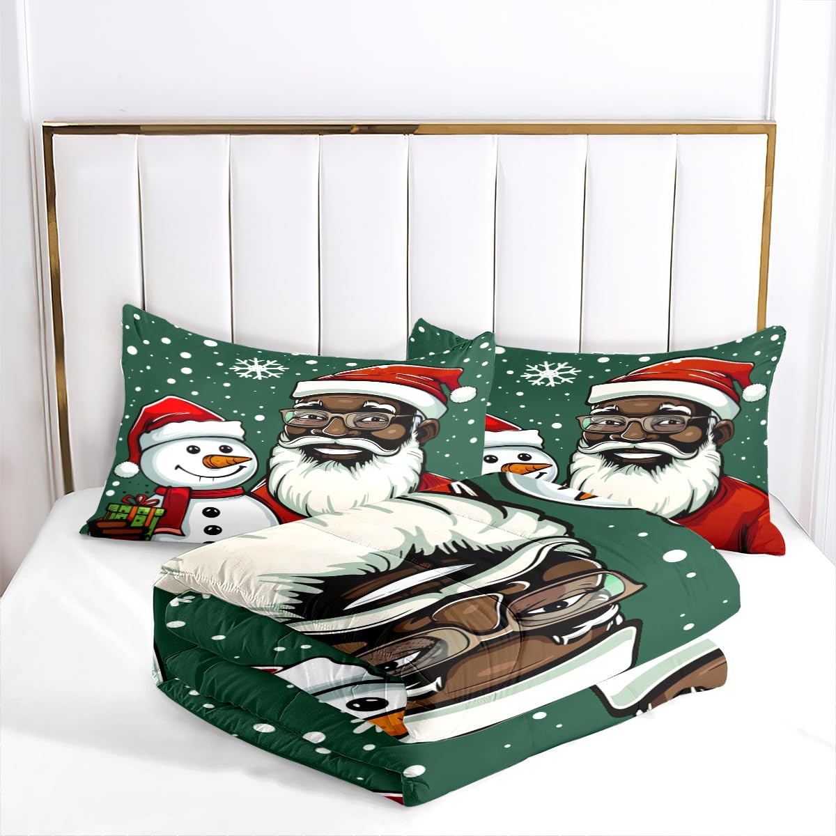 CCoutueChen Black Santa Claus Comforter Set Queen Size,Cute Cartoon Snowman Bedding Set for Kids Children,Green Christmas Holiday Decor Comforter,3Pcs Soft Warm Bed Set with 2 Pillowcases(90 * 90)