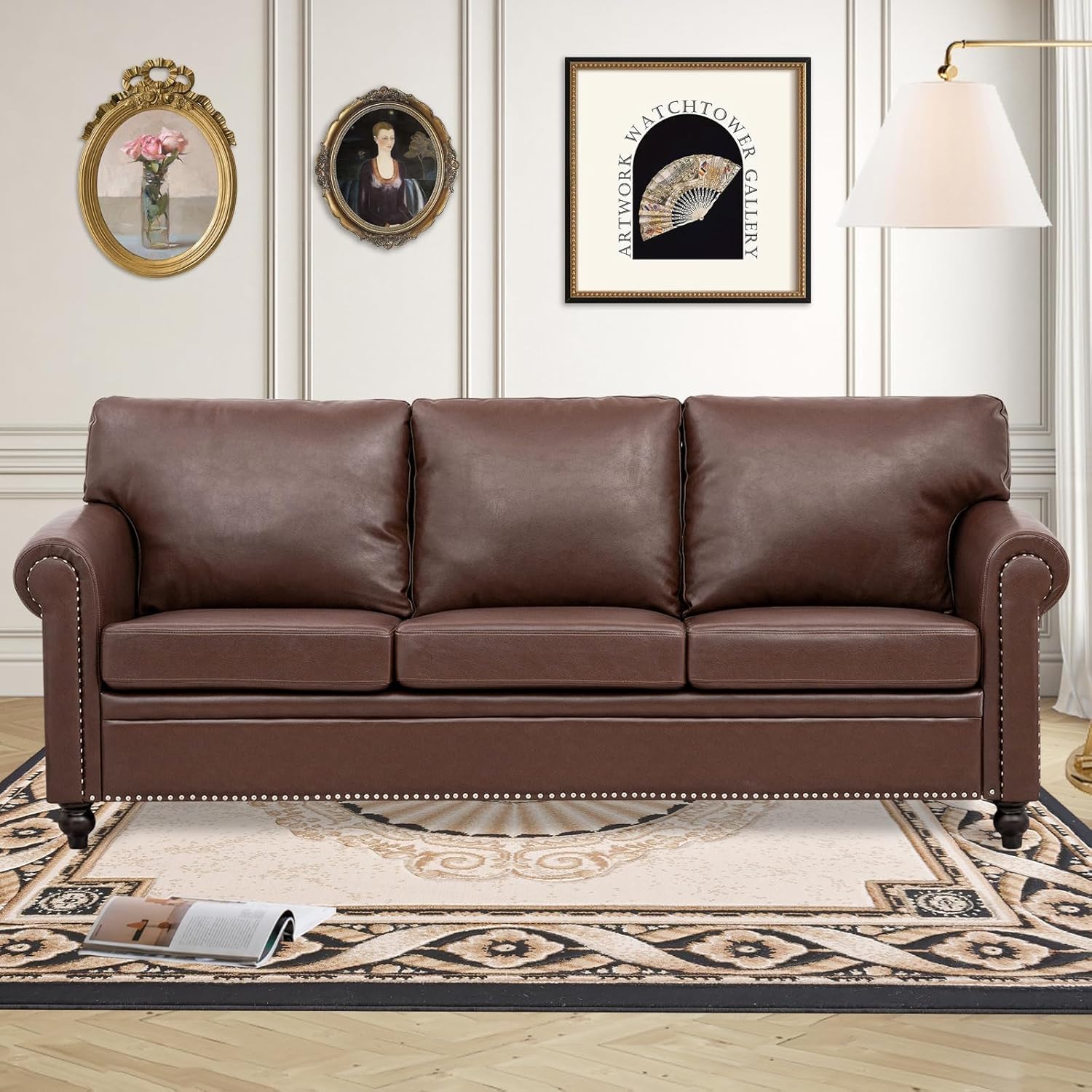 Brown Leather Couch, Comfy Classic 3 Seater Living Room Sofa，Mid-Century Modern Sofa with Detachable Cushions 84" for Living Rooms, Bedrooms, Offices,Apartments Tool-Free Assembly(Brown PU + Sofa)