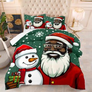 CCoutueChen Black Santa Claus Comforter Set Queen Size,Cute Cartoon Snowman Bedding Set for Kids Children,Green Christmas Holiday Decor Comforter,3Pcs Soft Warm Bed Set with 2 Pillowcases(90 * 90)