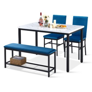 yofe dining table set for 4,faux marble kitchen table,velvet chairs and bench with storage net,kitchen table chairs set for dining room,small apartment (blue 1+3)