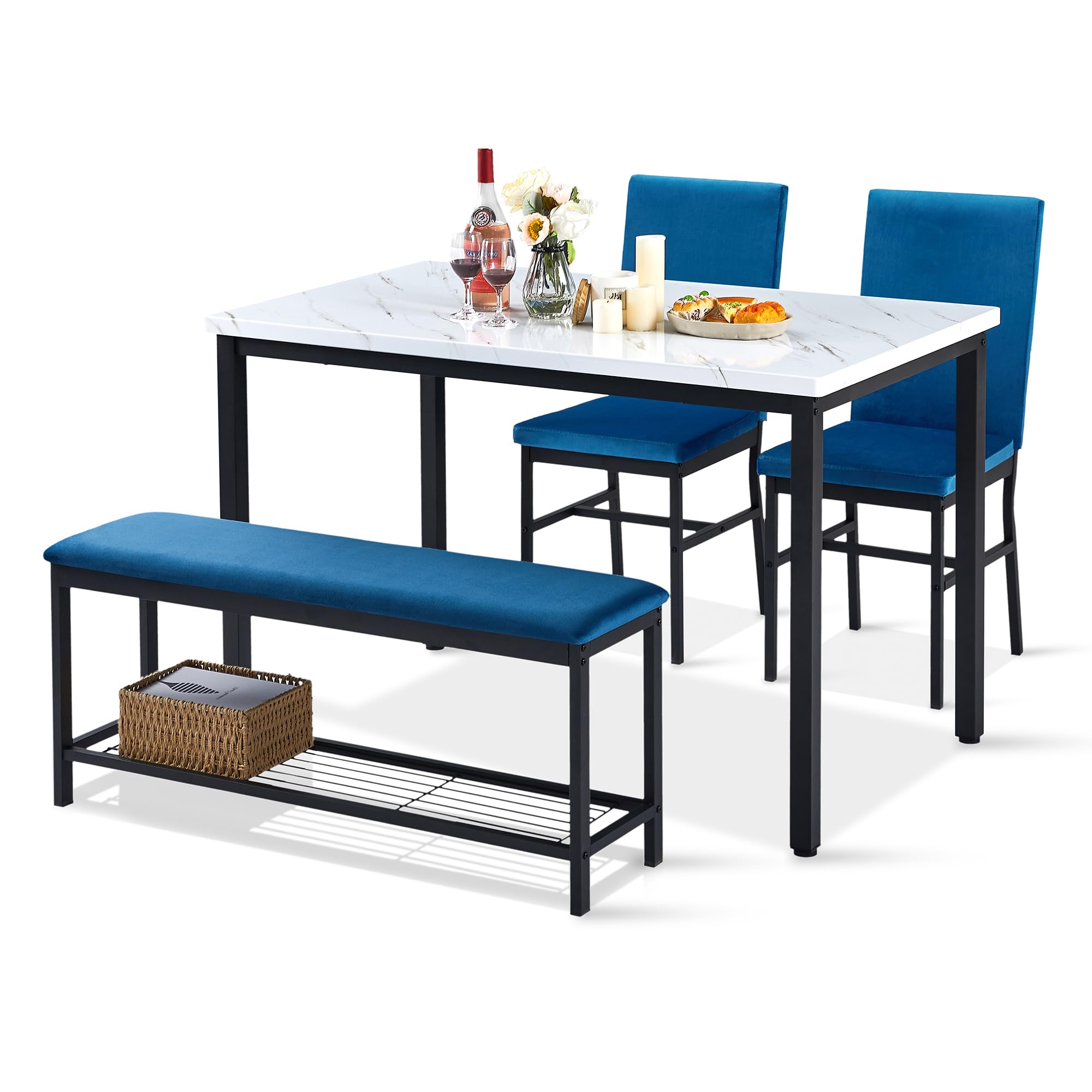 YOFE Dining Table Set for 4,Faux Marble Kitchen Table,Velvet Chairs and Bench with Storage Net,Kitchen Table Chairs Set for Dining Room,Small Apartment (Blue 1+3)