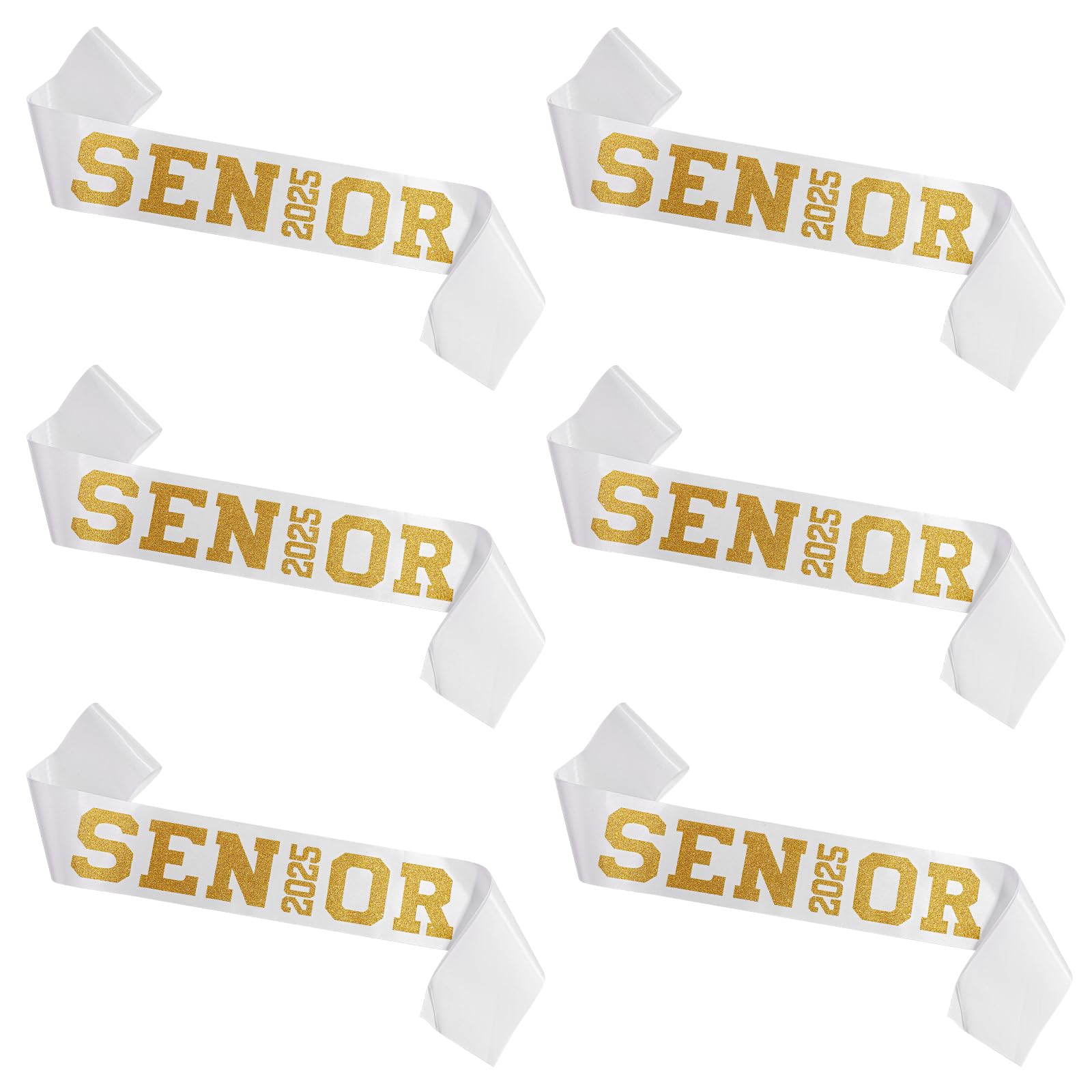 PEUTIER 6pcs Senior 2025 Satin Sashes, Premium Polyester 2025 Graduation Celebrations Sashes with Gold Glitter Letters Senior Sash 2025 Cheer Sets Party Decoration for Women and Men(White)