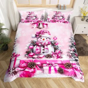 Feelyou Merry Christmas Tree and Snowman Bedding Set Full Size Xmas Pink Duvet Cover Girls Bedroom Decor Snowflake Comforter Cover Set Women Men Bow Bedspread Cover with 2 Pillow Case,No Comforter