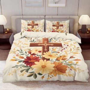 delerain comforter set twin size, religious cross flowers 3-piece bedding set for boys girls teens modern soft microfiber bedroom set room decor, 1 duvet cover + 2 pillowcases