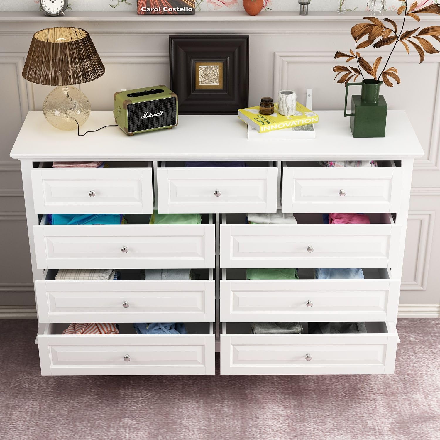 MOUMON Chest of Drawers 9 Drawer Dresser, Modern Contemporary Dresser with Sliver Handles, 9 Drawer Cabinet with Wooden Legs, White Dresser for Bedroom 55.1”W x 15.7”D x 37”H