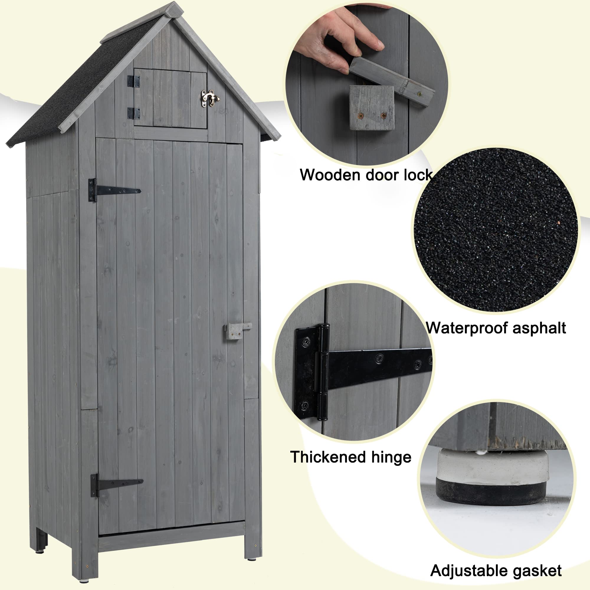 Outdoor Wooden Storage Cabinet and Tool Shed, 30.3" L x 21.3" W x 70.5" H, Gray