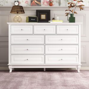 moumon chest of drawers 9 drawer dresser, modern contemporary dresser with sliver handles, 9 drawer cabinet with wooden legs, white dresser for bedroom 55.1”w x 15.7”d x 37”h