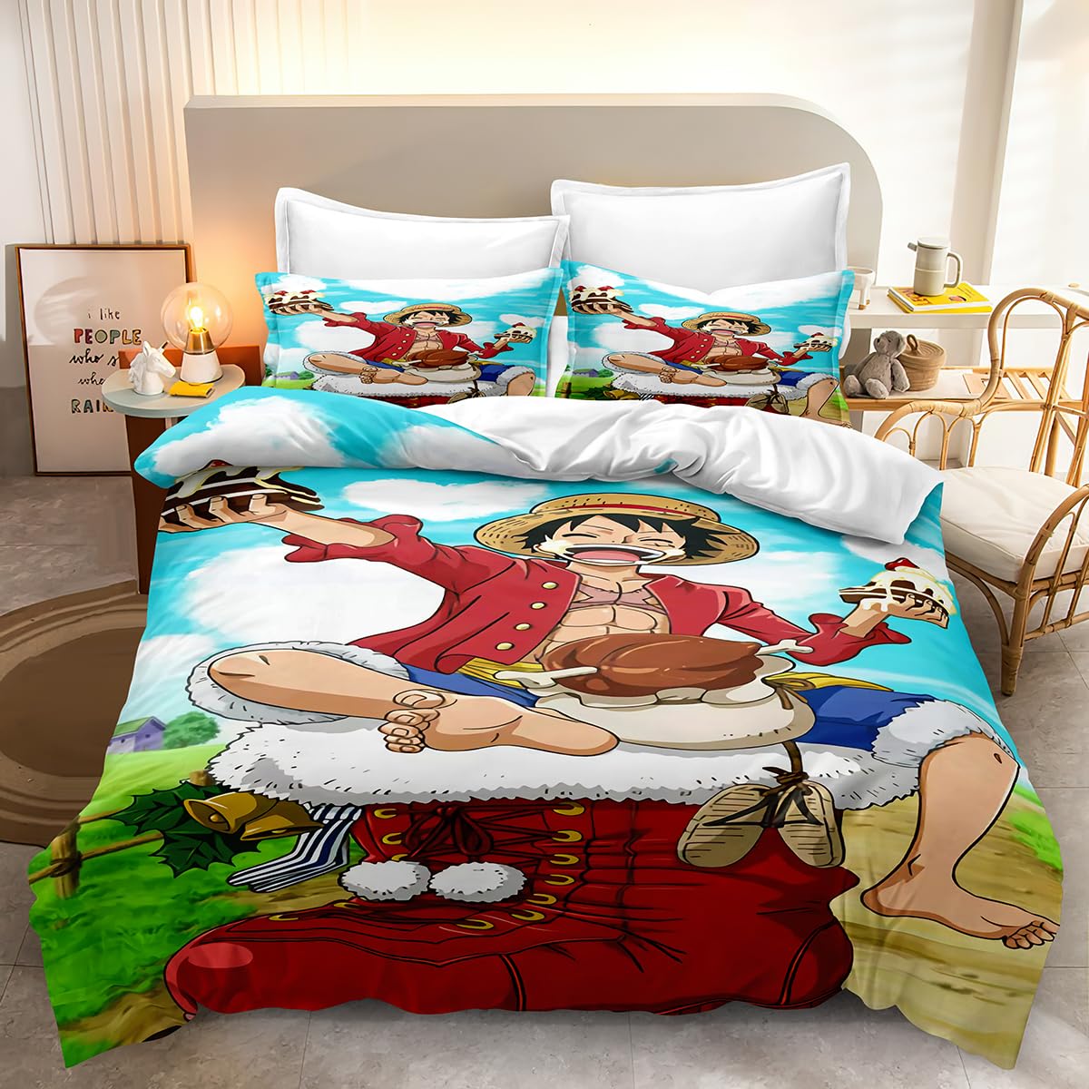 JKLWOAWR Cartoon Comforter Set Monkey One Microfiber Comforter Set D. Luffy 3D Digital Printing Comforter Set with Zipper Anime Bedding Teenage Girls Bedding (1 Duvet Cover and 2 Pillow Covers)