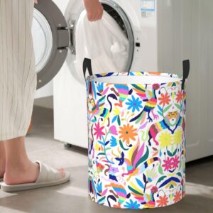 Mexican Otomi Animals Print Laundry Basket Waterproof Oxford Collapsible,Circular Laundry Hamper With Handles