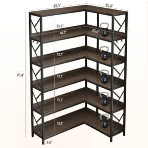 ONBRILL 6-Shelf Corner Bookshelf, 75.4" Industrial Wooden Bookcase with 4 Hooks, Large Display Rack Storage with Open Shelves and Metal Frame for Living Room Home Office