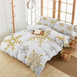 California King Size Duvet Cover Set,Gold White Christmas Snowflake Texture 3 Pieces Soft Bedding Sets,1 Quilt Cover+2 Decorative Pillow Shams for Bedroom All Season,Simple Winter Snow Scene Bed Set