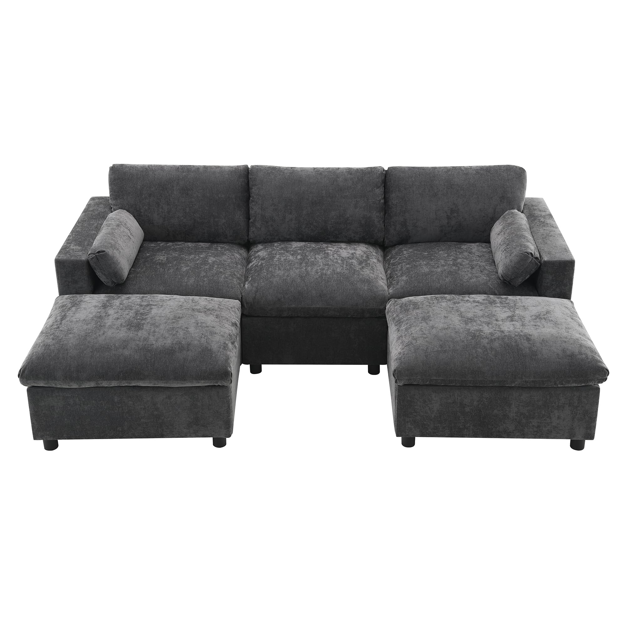 Merax 86.5" Sectional Sofa with Storage Pockets & Removable Ottomans, 5 Seat U Shaped Sleeper Cloud Couch Set, Convertible L-Shaped Chenille Upholstered SofaBed for Living Room and Apartment, Black