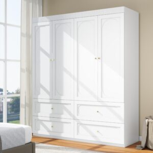 labroskia bedroom armoire wardrobe closet with 4 drawers: 74" white wood closet for hanging clothes, cabinet for clothes with 4 doors, large wardrobe closet with shelves (white)