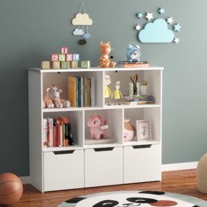 35" kids bookshelf with 5 shelves & 3 drawers,book shelf for toy storage for kids rooms,toddler toy storage bookshelf for kids,kids book shelf for playing rooms,children's room,school,hallway-white