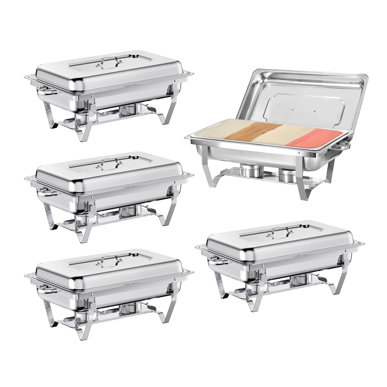 EVGTTI 8 qt Chafing Dish Buffet Set, Stainless Steel Catering Serve Chafer, Rectangular Food Warmer with Full Size Food Pan and Foldable Frame for Party (5-Pack)