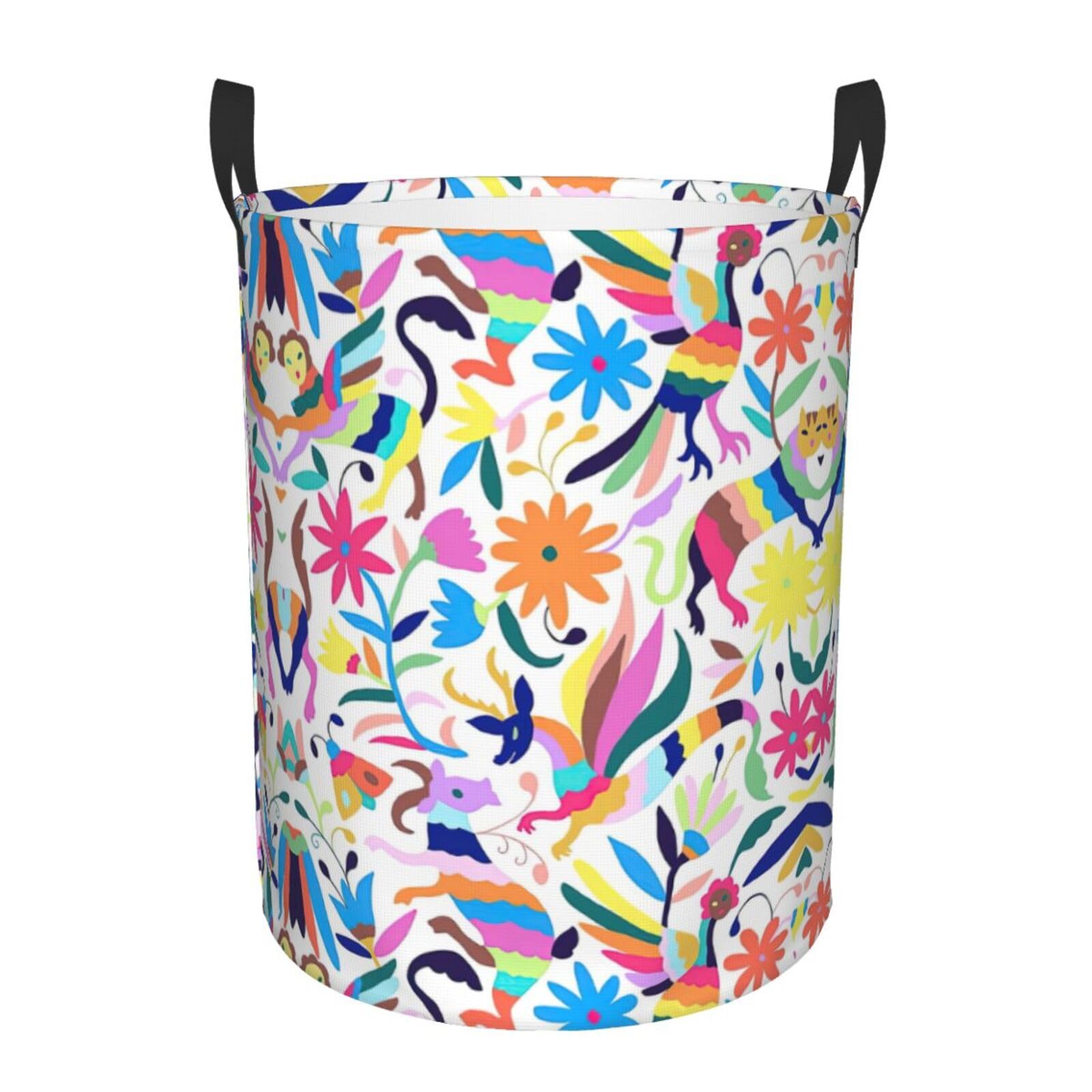 Mexican Otomi Animals Print Laundry Basket Waterproof Oxford Collapsible,Circular Laundry Hamper With Handles