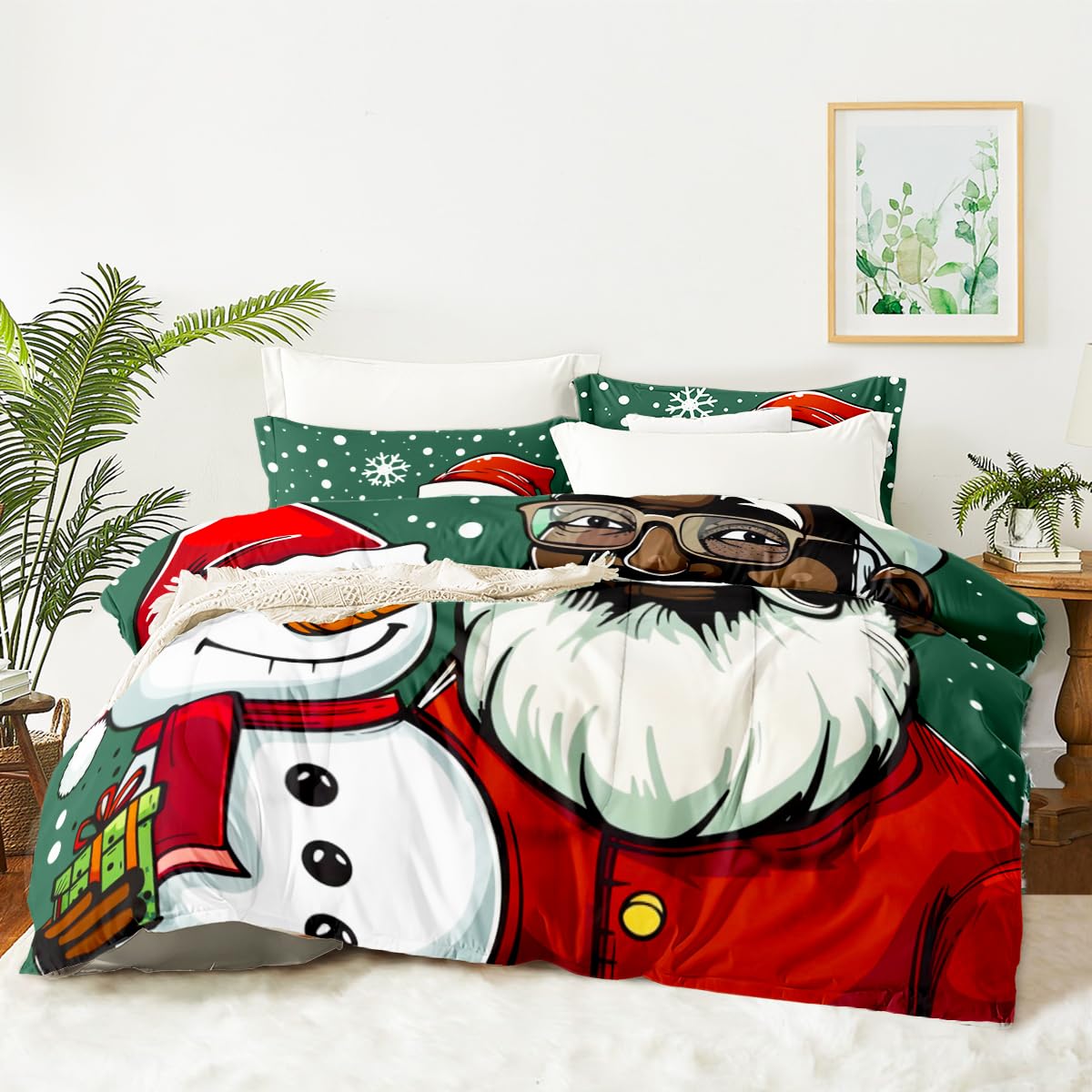 CCoutueChen Black Santa Claus Comforter Set Queen Size,Cute Cartoon Snowman Bedding Set for Kids Children,Green Christmas Holiday Decor Comforter,3Pcs Soft Warm Bed Set with 2 Pillowcases(90 * 90)