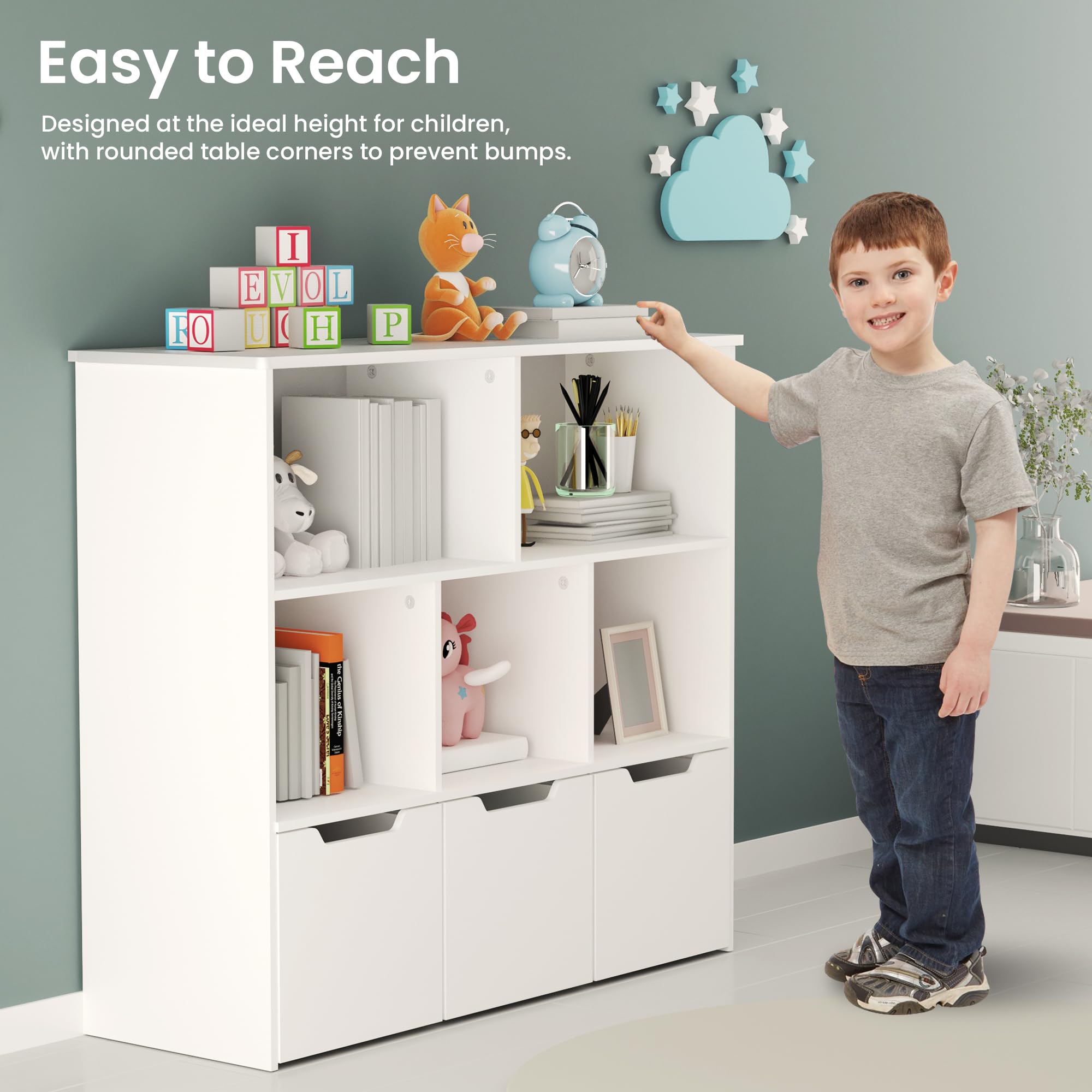 35" Kids Bookshelf with 5 Shelves & 3 Drawers,Book Shelf for Toy Storage for Kids Rooms,Toddler Toy Storage Bookshelf for Kids,Kids Book Shelf for Playing Rooms,Children's Room,School,Hallway-White