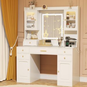 Wakefit Vanity Desk with Mirror and Lights, 42'' Makeup Vanity with Power Outlet, Makeup Table with Drawers and Cabinet, 3 Lighting Modes Adjustable Brightness, for Bedroom, Dressing Room, White