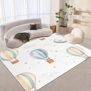 Cartoon Hot Air Balloon Area Rug for Living Room, Bedroom Rugs 7x8 ft White Washable Carpet, Soft Fluffy Rug Non Skid Home Office Decor Large Carpet