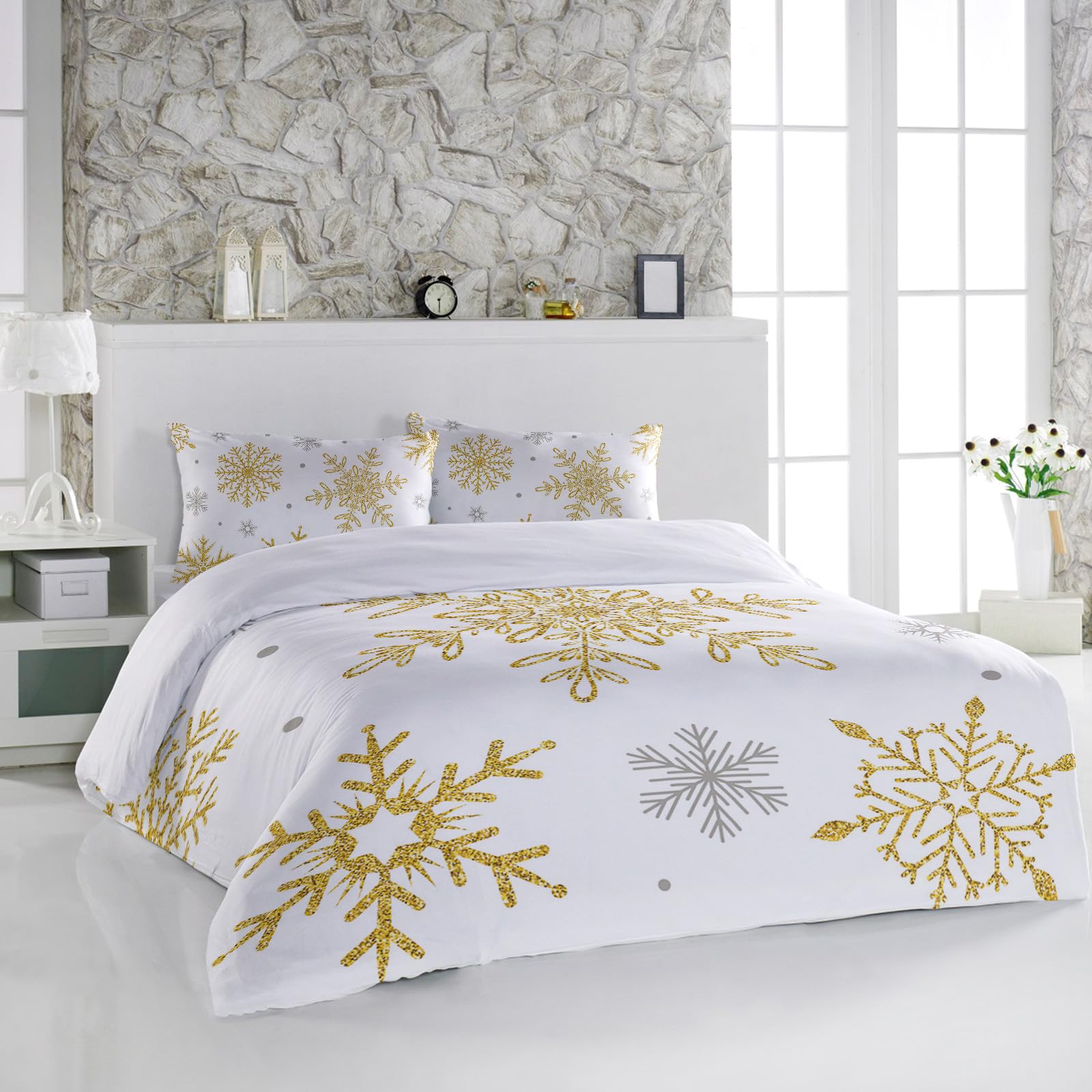 California King Size Duvet Cover Set,Gold White Christmas Snowflake Texture 3 Pieces Soft Bedding Sets,1 Quilt Cover+2 Decorative Pillow Shams for Bedroom All Season,Simple Winter Snow Scene Bed Set