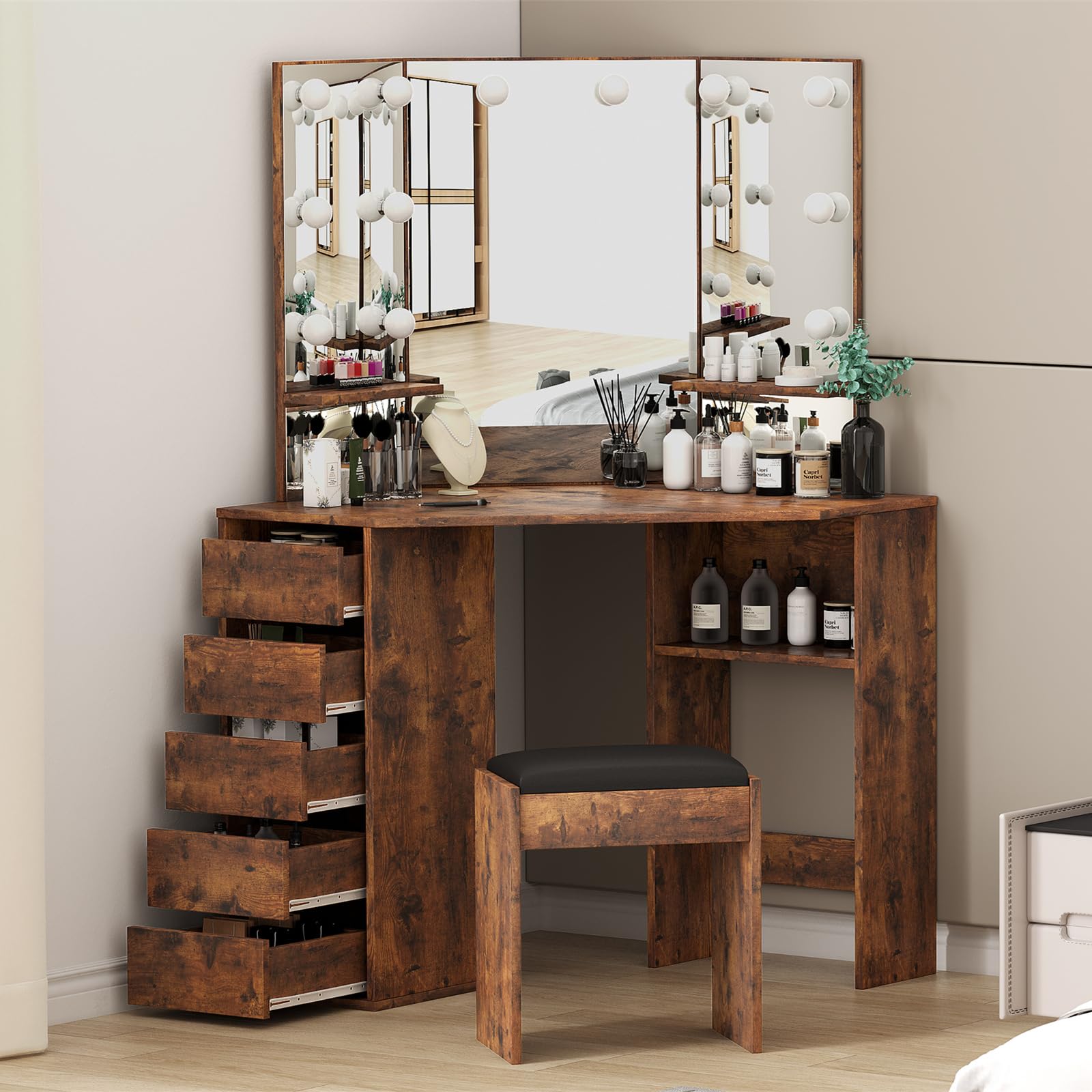 Knowfunn Corner Vanity Desk Set with 3-Folding Lighted Mirrors, Makeup Vanity Table with Charging Station, 5 Rotating Drawers and Storage Bench for Bedroom, Rustic Brown