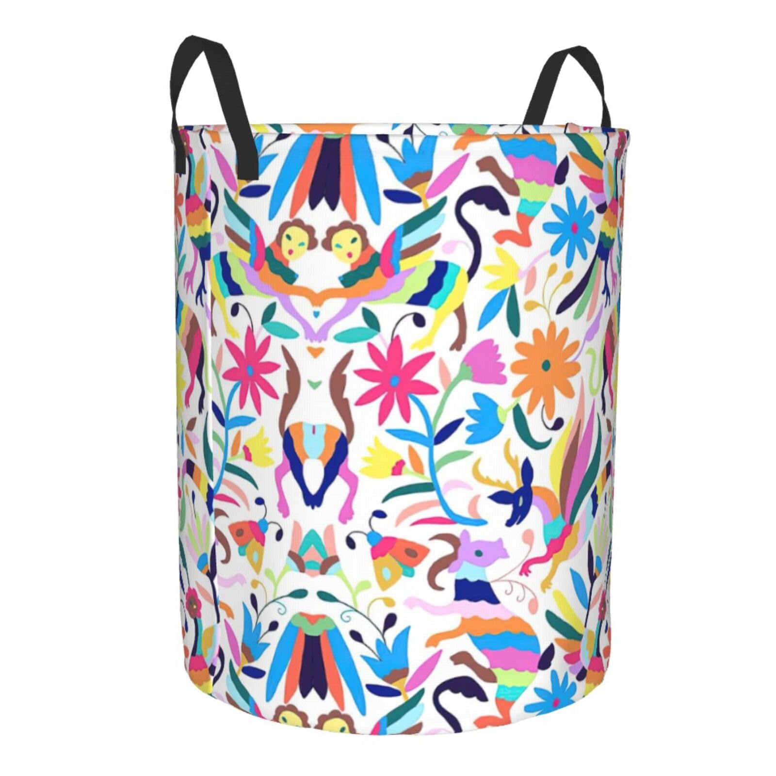 Mexican Otomi Animals Print Laundry Basket Waterproof Oxford Collapsible,Circular Laundry Hamper With Handles