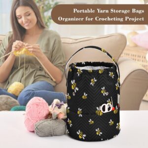 Fustylead Bee Large Yarn Storage Tote Basket, Knitting Crochet Drawstring Organizer Bag for Crocheting Project, Yarn Balls, Needles Accessories