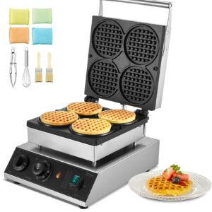 vevor commercial waffle maker, 4pcs round waffle baker machine,1750w non-stick stainless steel belgian waffle iron with temperature and time control, for restaurant bakery snack bar family