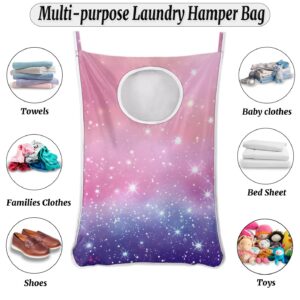 Xosoxruk Pink Purple Glitter Hanging Laundry Hamper Bag, Over the Door Laundry Basket with Hooks, Foldable Wall Hanging Laundry Bag, Hanging Hamper for Laundry Bathroom