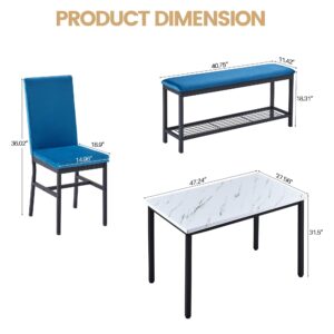 YOFE Dining Table Set for 4,Faux Marble Kitchen Table,Velvet Chairs and Bench with Storage Net,Kitchen Table Chairs Set for Dining Room,Small Apartment (Blue 1+3)