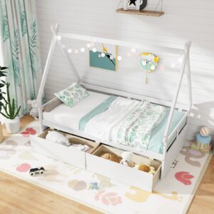 Giantex Twin Bed with 2 Storage Drawers, Wood Montessori House Tent Bed Frame with Safety Guardrail, Low Teepee Bed with Wood Slat Support for Boys Girls Teens, No Box Spring Needed, Kids Bed (White)