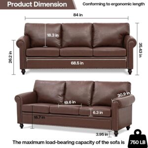 Brown Leather Couch, Comfy Classic 3 Seater Living Room Sofa，Mid-Century Modern Sofa with Detachable Cushions 84" for Living Rooms, Bedrooms, Offices,Apartments Tool-Free Assembly(Brown PU + Sofa)