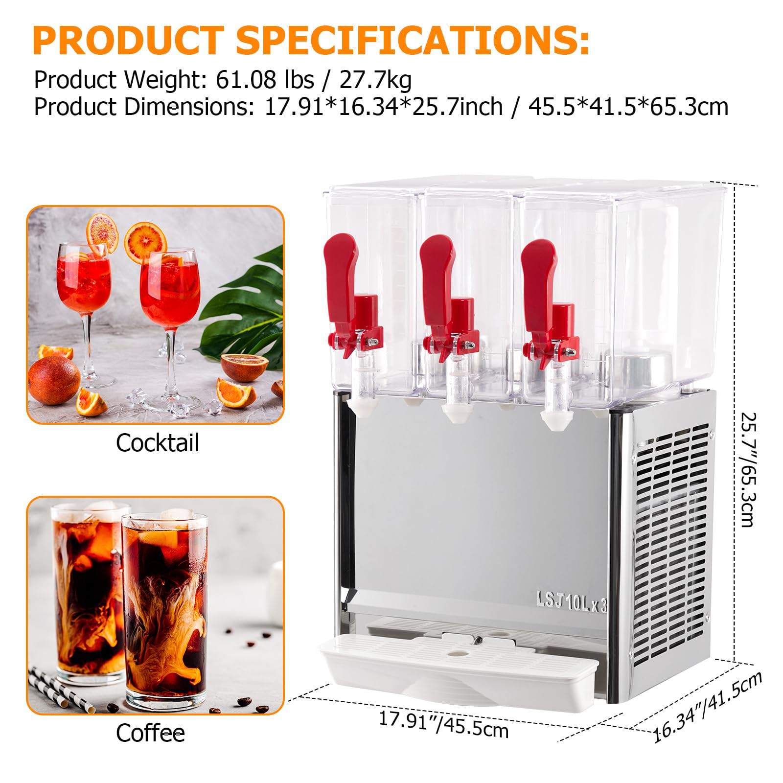 Commercial Beverage Dispenser, 3 Tanks 7.93 Gallon 30L Commercial Juice Dispenser, 10 Liter Per Tank, 320W Stainless Steel Food Grade Ice Tea Drink Dispenser with Thermostat Controller