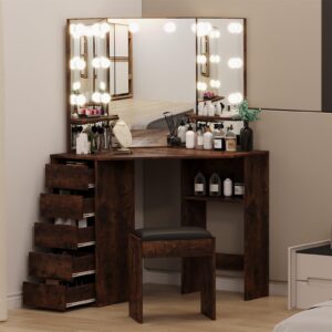 Knowfunn Corner Vanity Desk Set with 3-Folding Lighted Mirrors, Makeup Vanity Table with Charging Station, 5 Rotating Drawers and Storage Bench for Bedroom, Rustic Brown