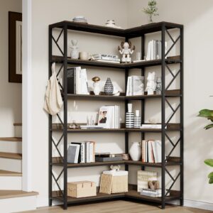 ONBRILL 6-Shelf Corner Bookshelf, 75.4" Industrial Wooden Bookcase with 4 Hooks, Large Display Rack Storage with Open Shelves and Metal Frame for Living Room Home Office