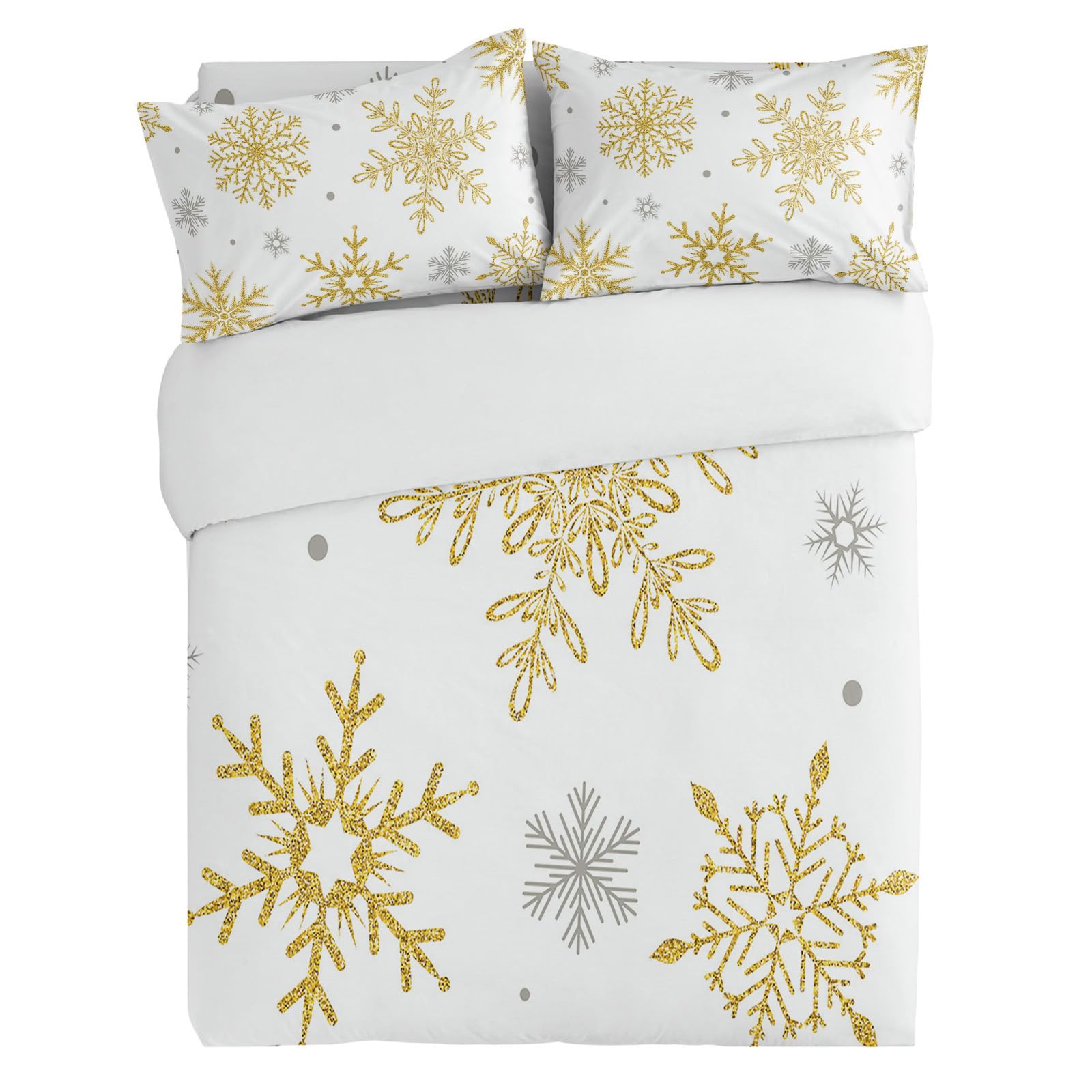 California King Size Duvet Cover Set,Gold White Christmas Snowflake Texture 3 Pieces Soft Bedding Sets,1 Quilt Cover+2 Decorative Pillow Shams for Bedroom All Season,Simple Winter Snow Scene Bed Set