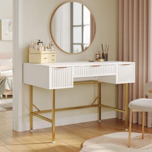 Bestier 47.6 Inch Fluted Computer Writing Desk with Drawers for Home Office, White and Gold Vanity Desk, Modern Simple Makeup Desk for Bedroom