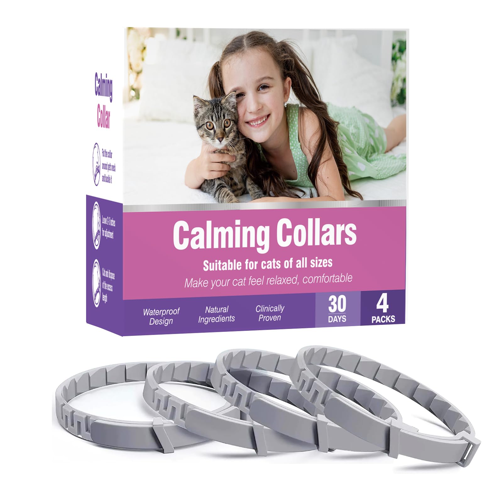 Calming Collar for Cats 4 Pack Calming Cat Collars Adjustable Soother Cats Calming Collars Anxiety Relief Stress Pheromone Collar for Cats Comfort Cat Calm Collars Lasts 30 Days Cats Calming Collar